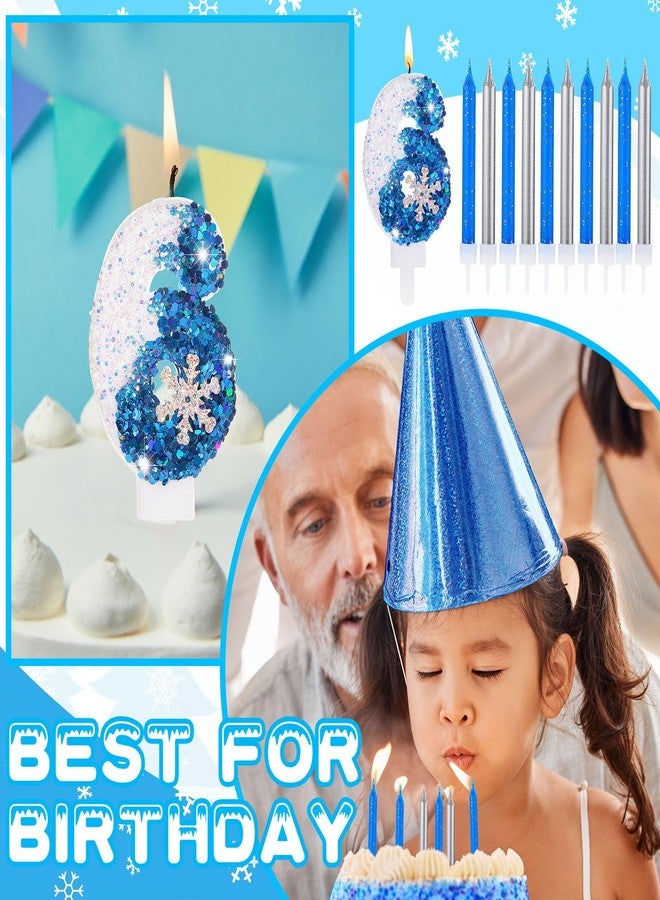Herdear 2.8" Frozen Birthday Candles Snowflake Number Candles with 10 Pcs Long Thin Candles Blue Number 0-9 for Cake Topper Birthday Frozen Birthday Supplies(Number 6) - Image 4
